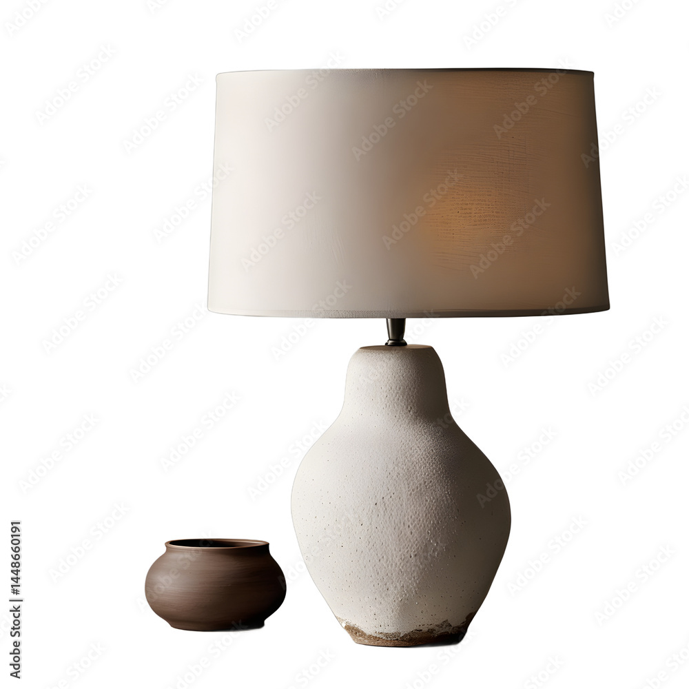 Poster wabi-sabi rough ceramic clay table lamp, isolated on a empty plain background
