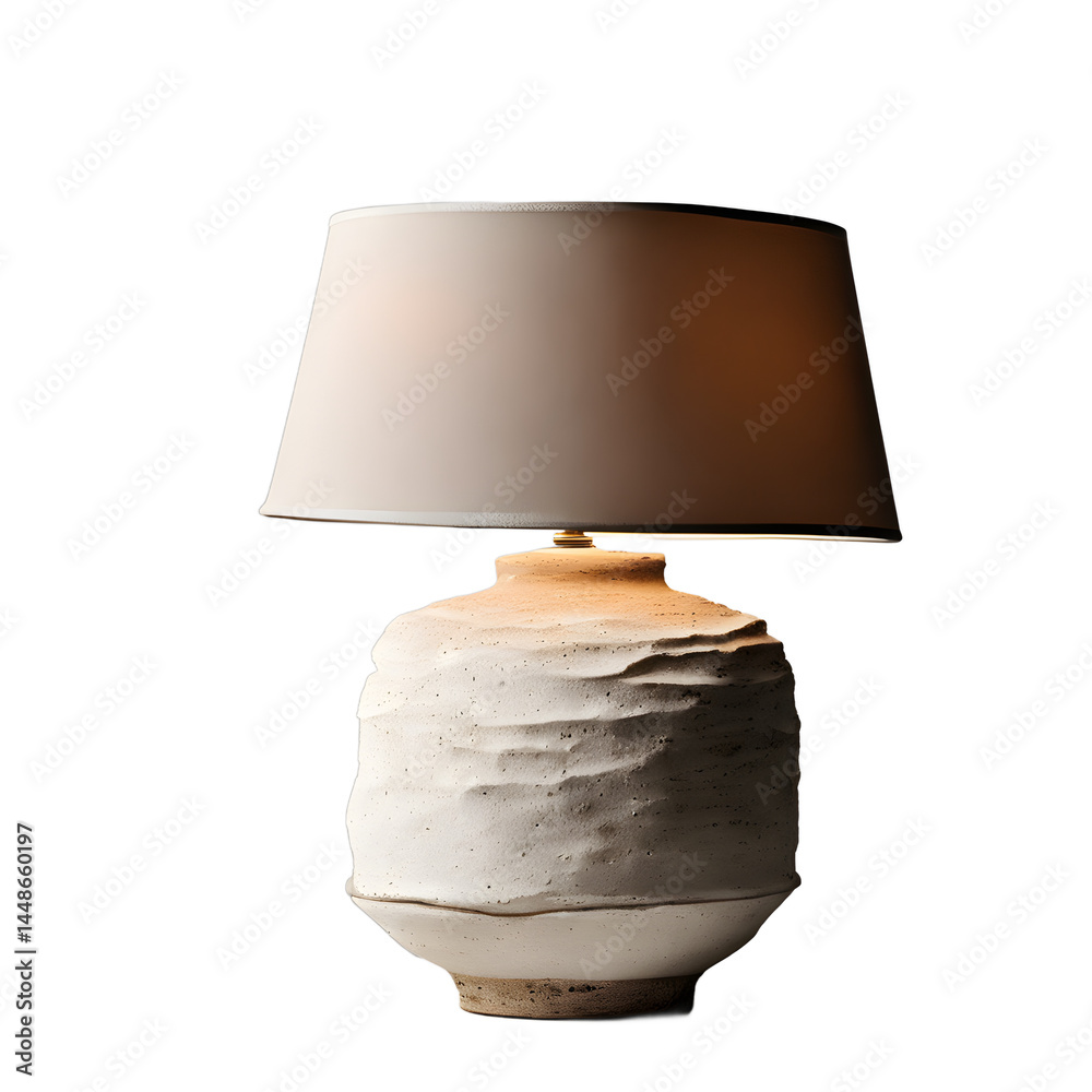 Poster wabi-sabi rough ceramic clay table lamp, isolated on a empty plain background