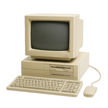 Classic beige personal computer system with CRT monitor, desktop tower, wired keyboard, and mouse, evoking technological history.