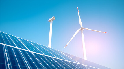 Modern wind turbine and solar panel convert renewable energy under a clear blue sky at an eco-friendly power generation facility