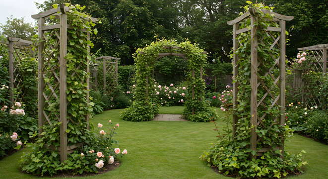 Picturesque Garden Path Under Arbors And Lush Greenery In Summer Day