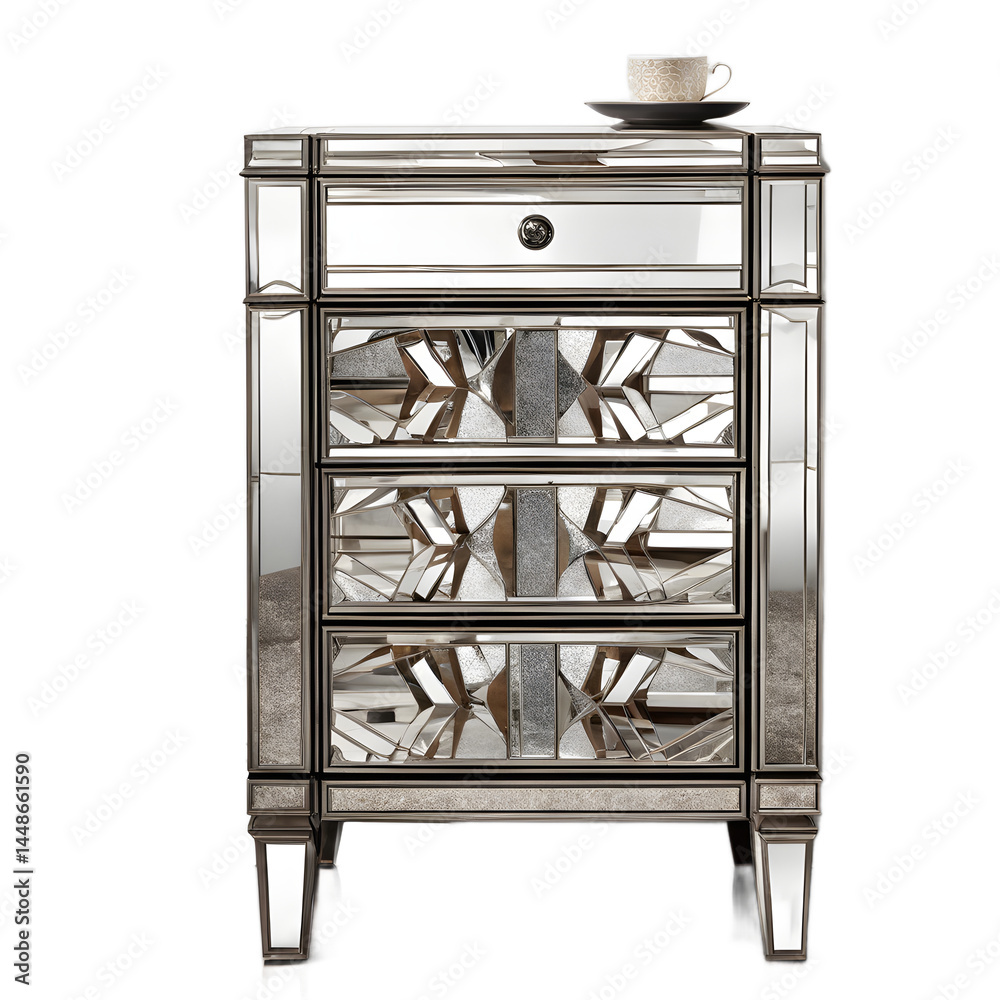 Poster art deco mirrored nightstand with geometric patterns, isolated on a empty plain background