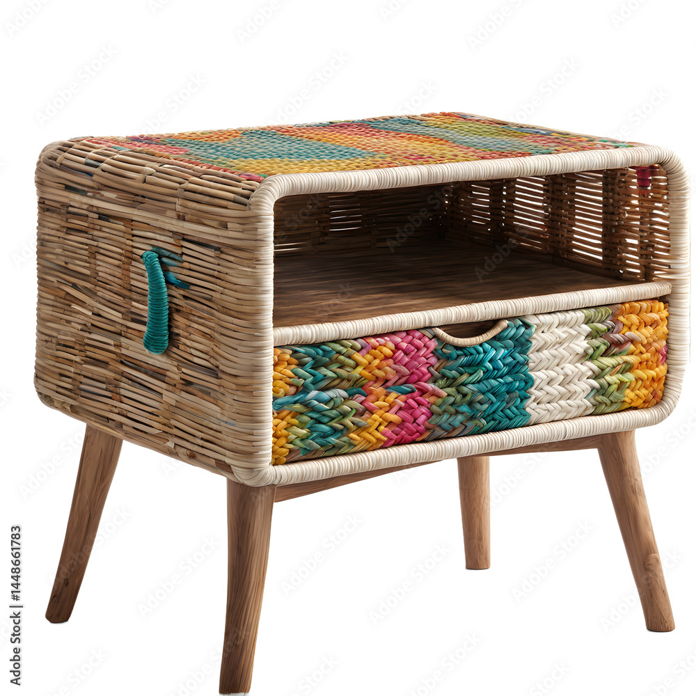 Poster Bohemian woven rattan nightstand with colorful detailing, isolated on a empty plain background