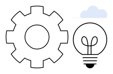 Gear and light bulb next to a subtle cloud element conveying innovation, teamwork, and technological progress. Ideal for creativity, technology, teamwork, brainstorming, engineering, problem-solving