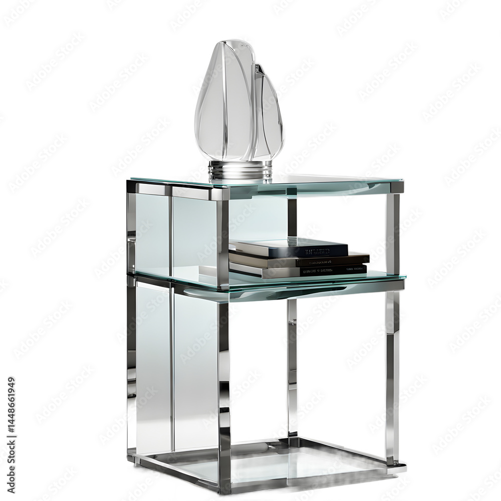 Poster contemporary glass and chrome nightstand with minimalist form, isolated on a empty plain background