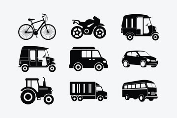 Various transportation vehicles silhouettes On White Background