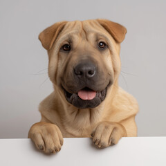 Adorable Shar-Pei Puppy with Sweet Smile Hanging Over White Card