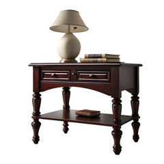 Colonial dark cherry nightstand with turned legs, isolated on a empty plain background