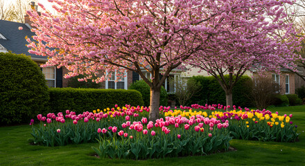 Picturesque Suburban Home With Blooming Trees And Colorful Tulip Garden