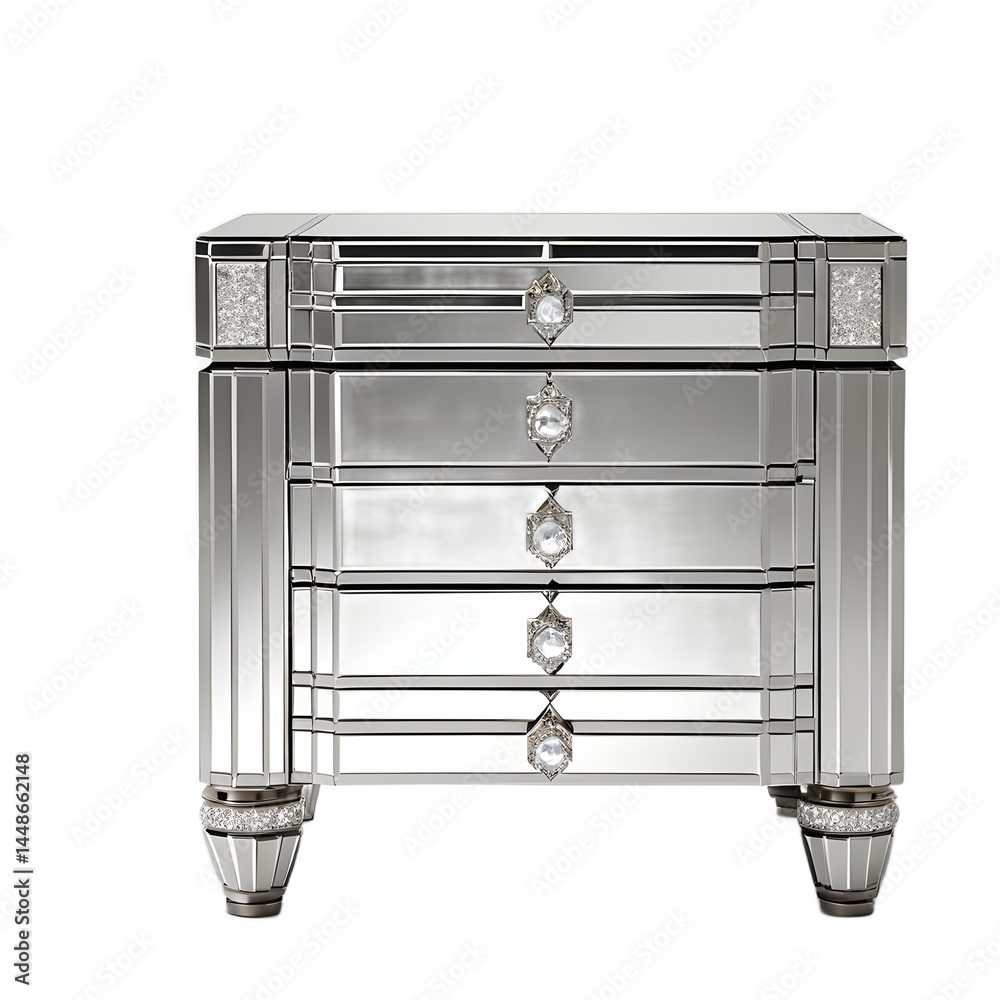 Aufkleber hollywood regency mirrored nightstand with crystal handles, isolated on a empty plain background