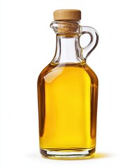 Golden olive oil in a clear glass bottle with a wooden cork stopper on a white background studio shot healthy cooking ingredient for mediterranean cuisine