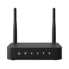 Front view of a modern black wireless internet router with its bright green illuminated connection status icons clearly visible.