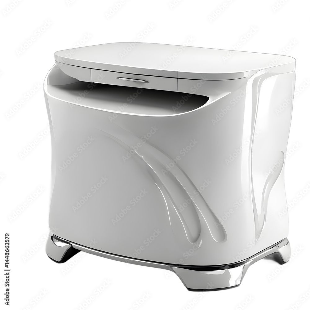 Poster neo-futuristic white glossy plastic nightstand with curved lines, isolated on a empty plain backgrou