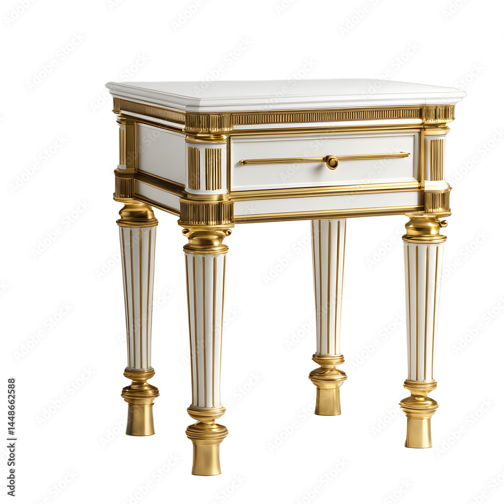 Poster Neo-classical white and gold nightstand with fluted columns, isolated on a empty plain background