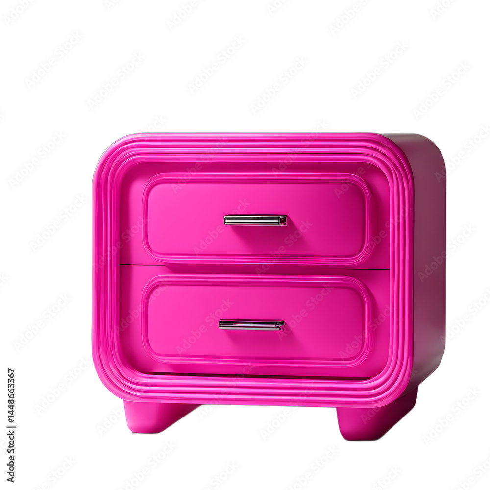 Poster retro 1980s neon pink plastic nightstand with rounded edges, isolated on a empty plain background