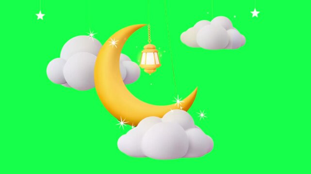 Crescent moon, Ramadan design animation, transparent 4K video, green screen