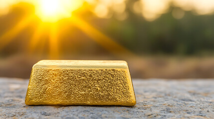 Close-up of a shimmering gold bar, its textured surface reflecting the golden light, evoking wealth and value in a natural outdoor setting.