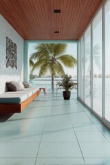 Fototapeta premium Serene tropical veranda with palm tree view and cozy daybed inviting relaxation and tranquility in a contemporary architectural design with bright natural light and airy atmosphere