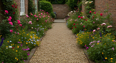 Tranquil Garden Path Surrounded By Blooming Flowers And Lush Greenery
