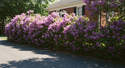 Lilac Bushes Along Driveway Creating a Beautiful Floral Display Near Residence