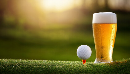 Golf ball and beer background, a golfball sits on a tee near a chilled glass of beer, perfect for a relaxing day on the course