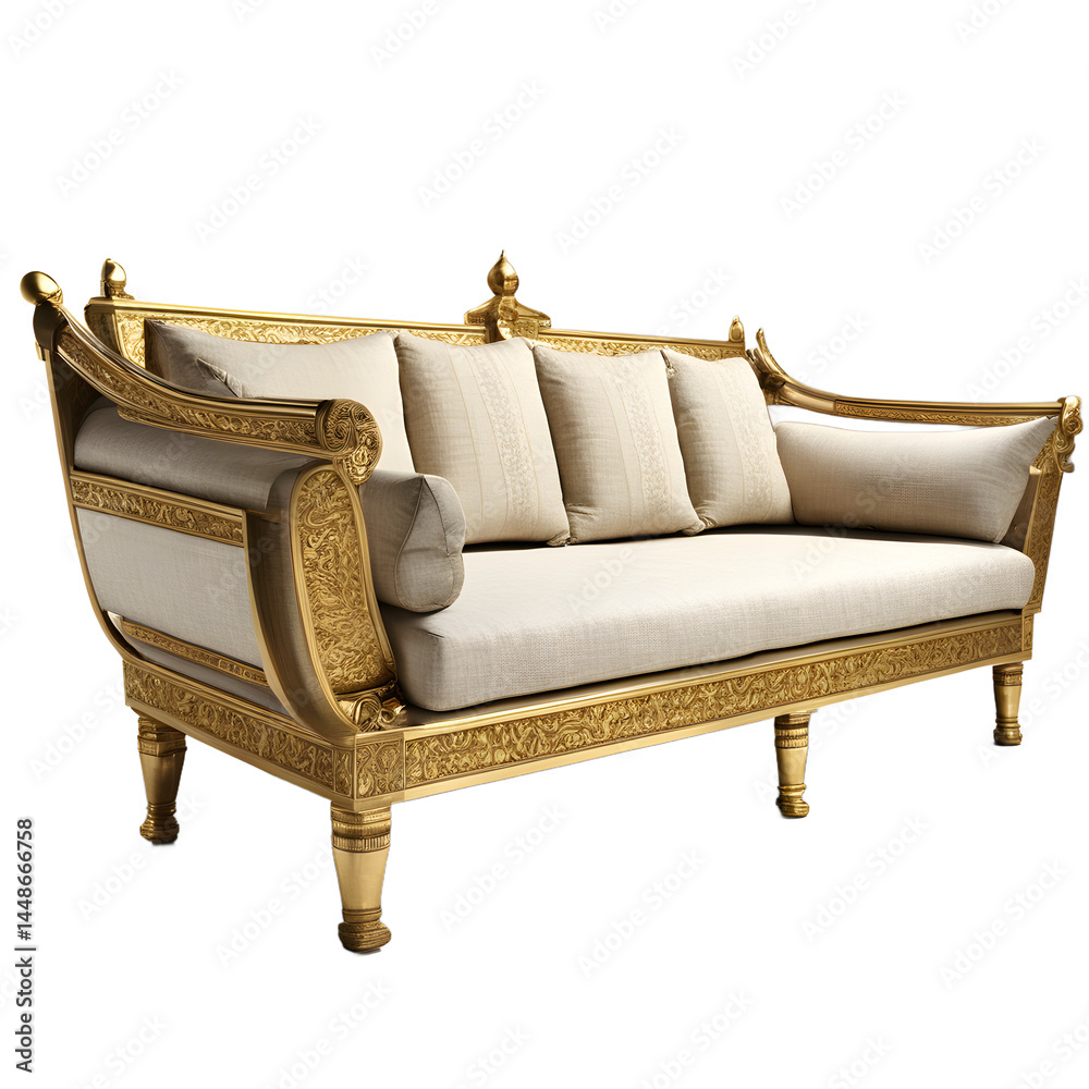 Aufkleber ancient egyptian low gold-framed linen sofa, isolated on a empty plain background