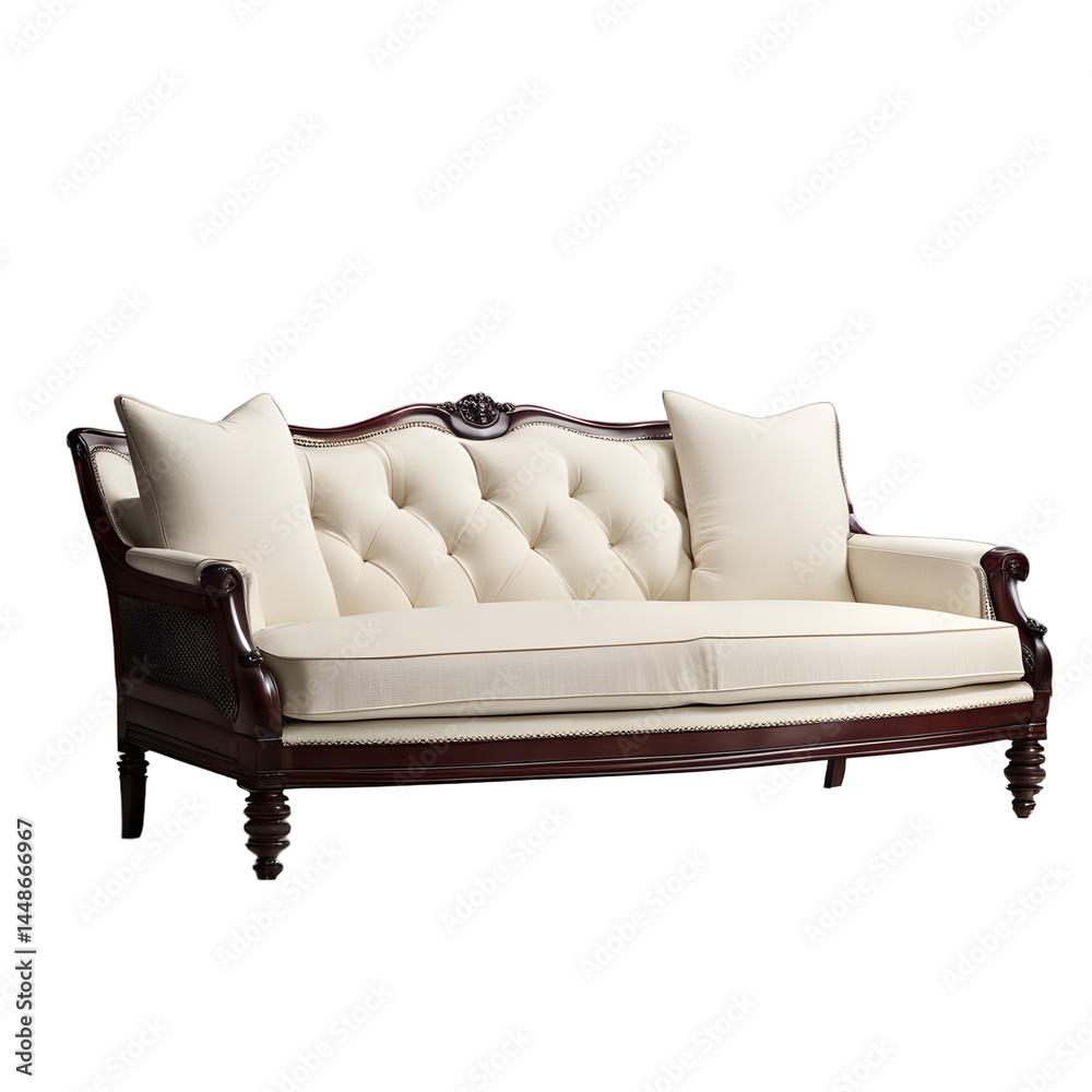 Aufkleber colonial-style dark mahogany and cream fabric sofa, isolated on a empty plain background