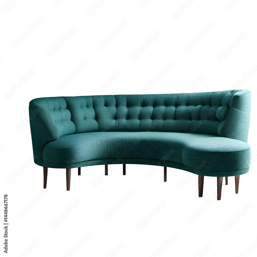 Poster eclectic modern teal boucle fabric curved sofa, isolated on a empty plain background
