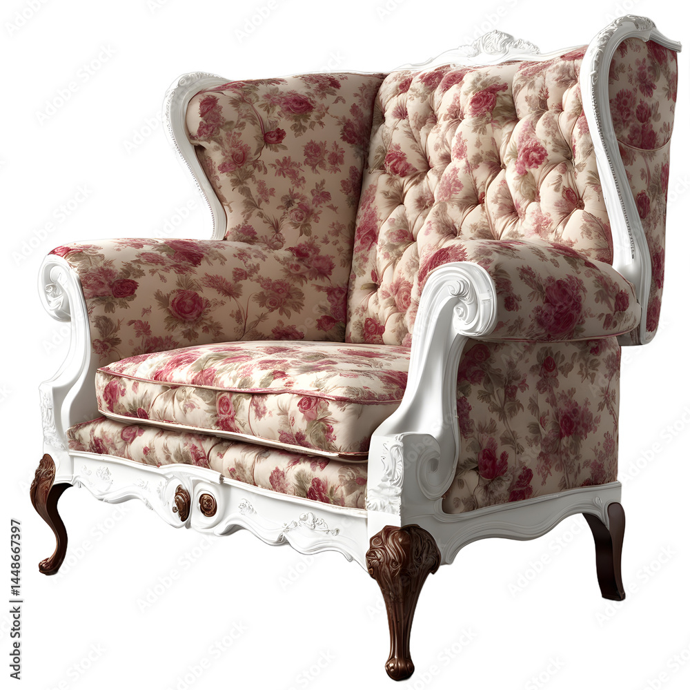 Poster edwardian era rose-patterned high-back sofa, isolated on a empty plain background