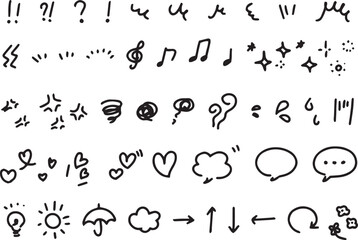 Hand drawn element line art love set, star set, music set, sketch white and black, red color vector