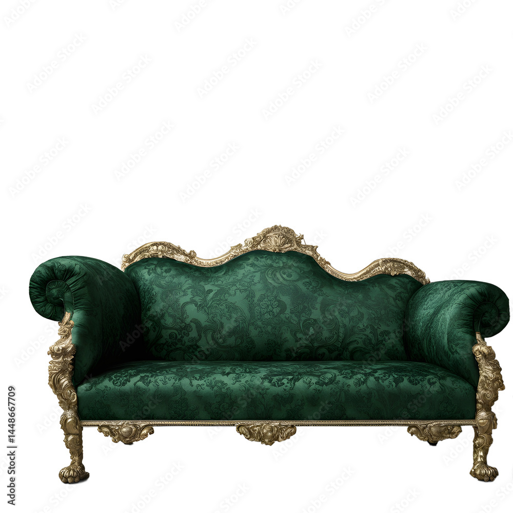 Aufkleber italian renaissance-style deep green brocade sofa with lion paw feet, isolated on a empty plain back