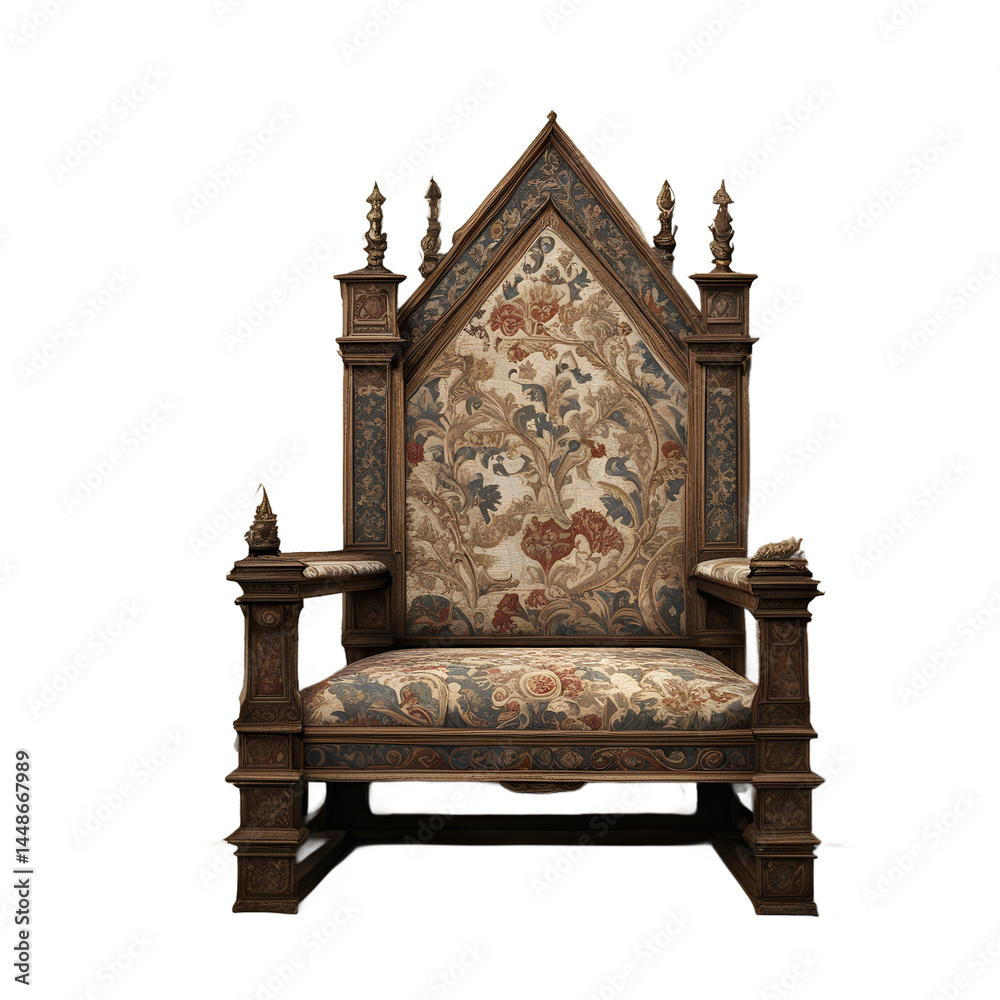 Poster medieval tapestry-covered oak throne sofa, isolated on a empty plain background