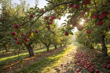 Fototapeta premium Harvesting ripe red apples beneath sunlit apple trees in a lush orchard