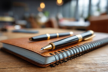 Closed notebook with fountain pen on wooden office desk