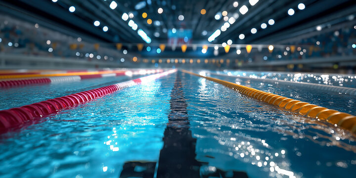 Close-up view of water lanes in indoor swimming pool under bright lights, ideal for sports training, competition visuals and aquatic fitness concepts