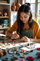 Fototapeta premium Hobbyist Lifestyle: Asian Woman Engaged in Meticulous Handmade Jewelry Creation Process