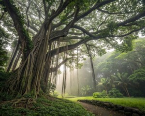 Obraz premium Exploring the enigmatic banyan tree with aerial roots in a mystical jungle environment