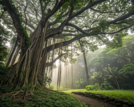 Exploring the enigmatic banyan tree with aerial roots in a mystical jungle environment