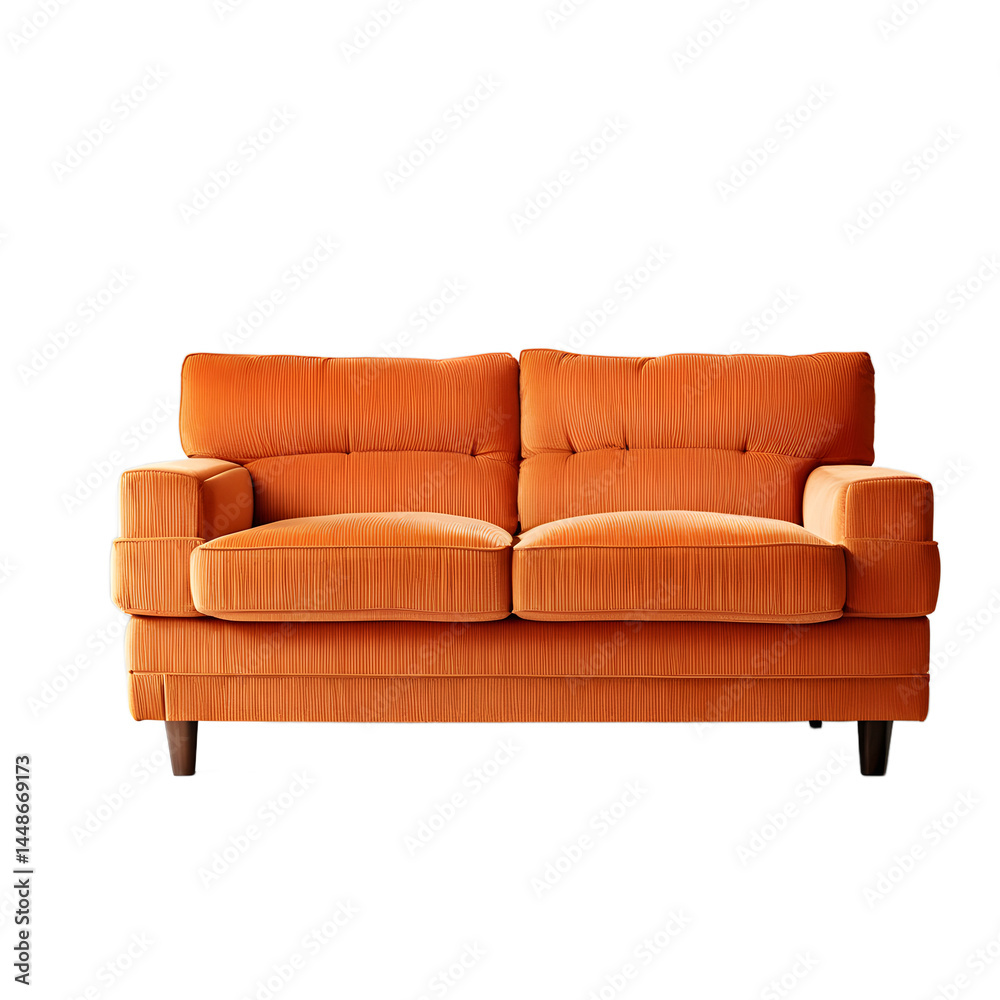 Poster retro 1970s bright orange corduroy sofa with chunky arms, isolated on a empty plain background