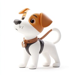 Adorable 3D Rendered Jack Russell Puppy on a Leash, Ready for a Walk, Cute Cartoon Dog Illustration, White Background