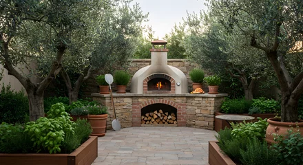 Fotobehang Backyard Brick Pizza Oven Surrounded By Nature And Mediterranean Decoration © Bismila