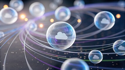 Cloud Data Lake Abstract design featuring floating bubbles and swirling lines.