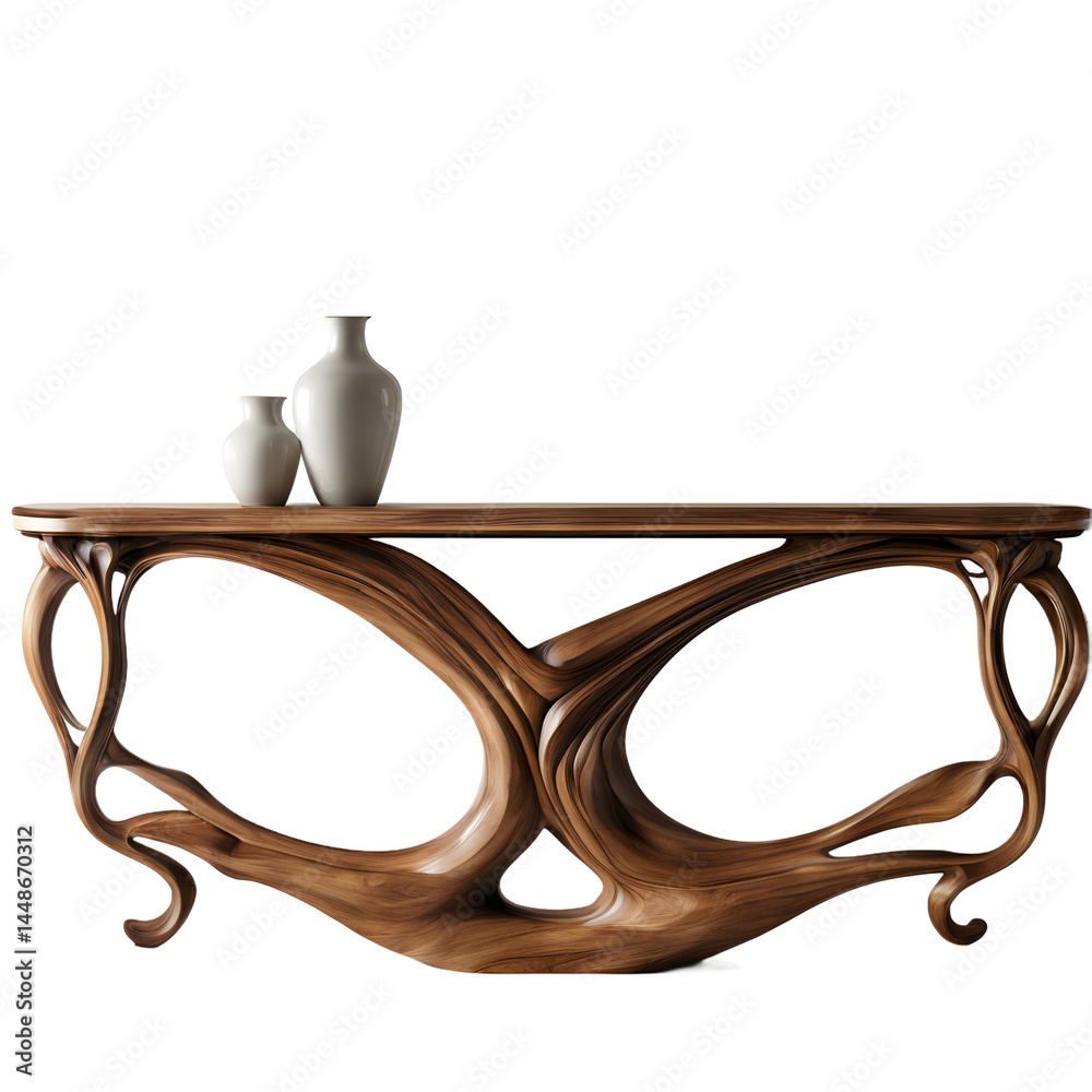 Aufkleber art nouveau flowing natural wood console table, isolated on a empty plain background