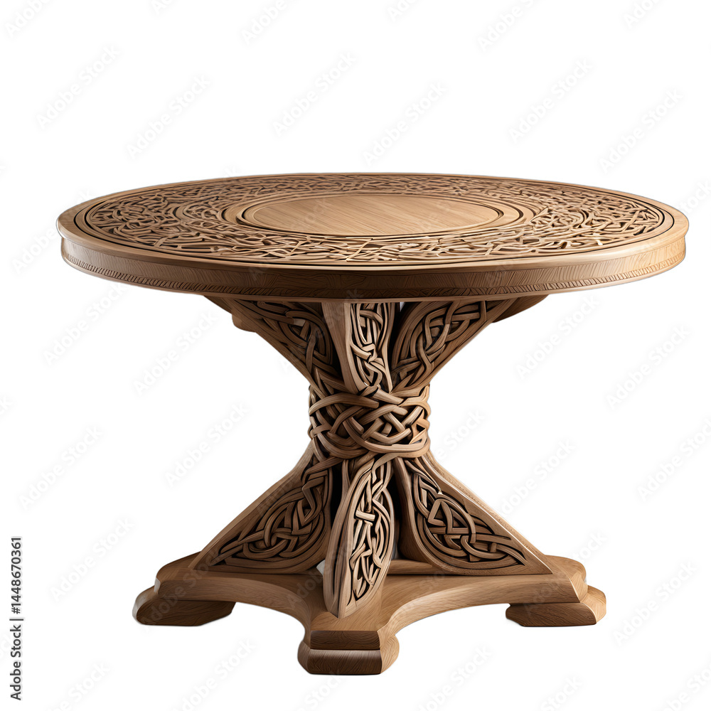 Poster celtic knotwork carved oak round table, isolated on a empty plain background