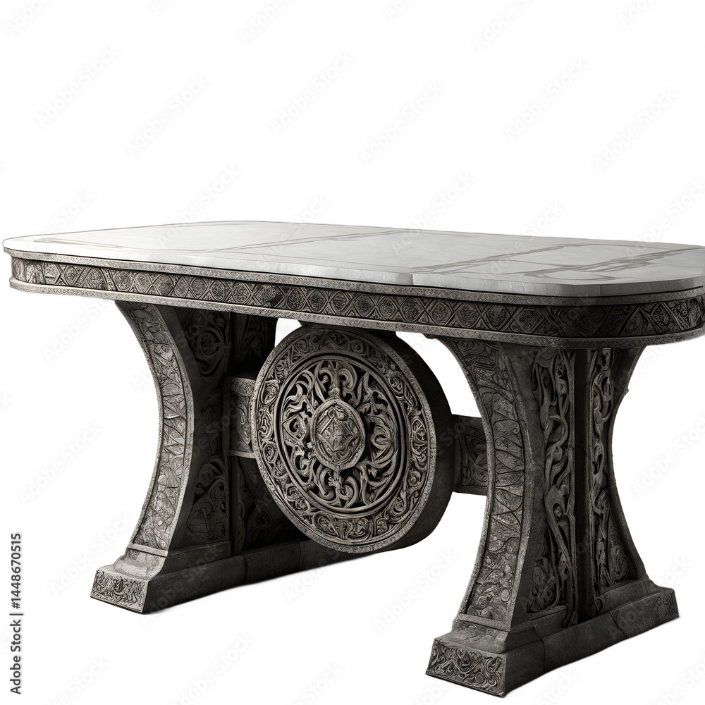 Poster Fantasy dwarven heavy stonework banquet table, isolated on a empty plain background
