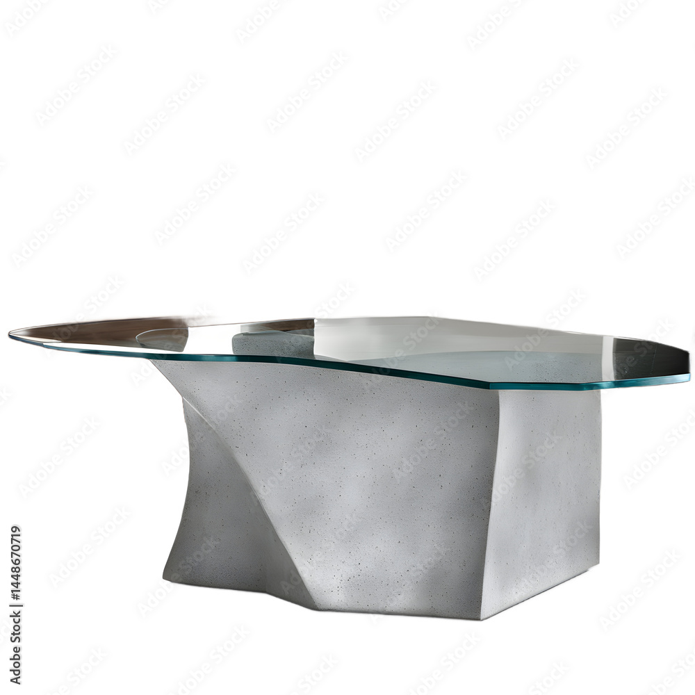 Poster Modern glass tabletop with sculptural concrete base, isolated on a empty plain background