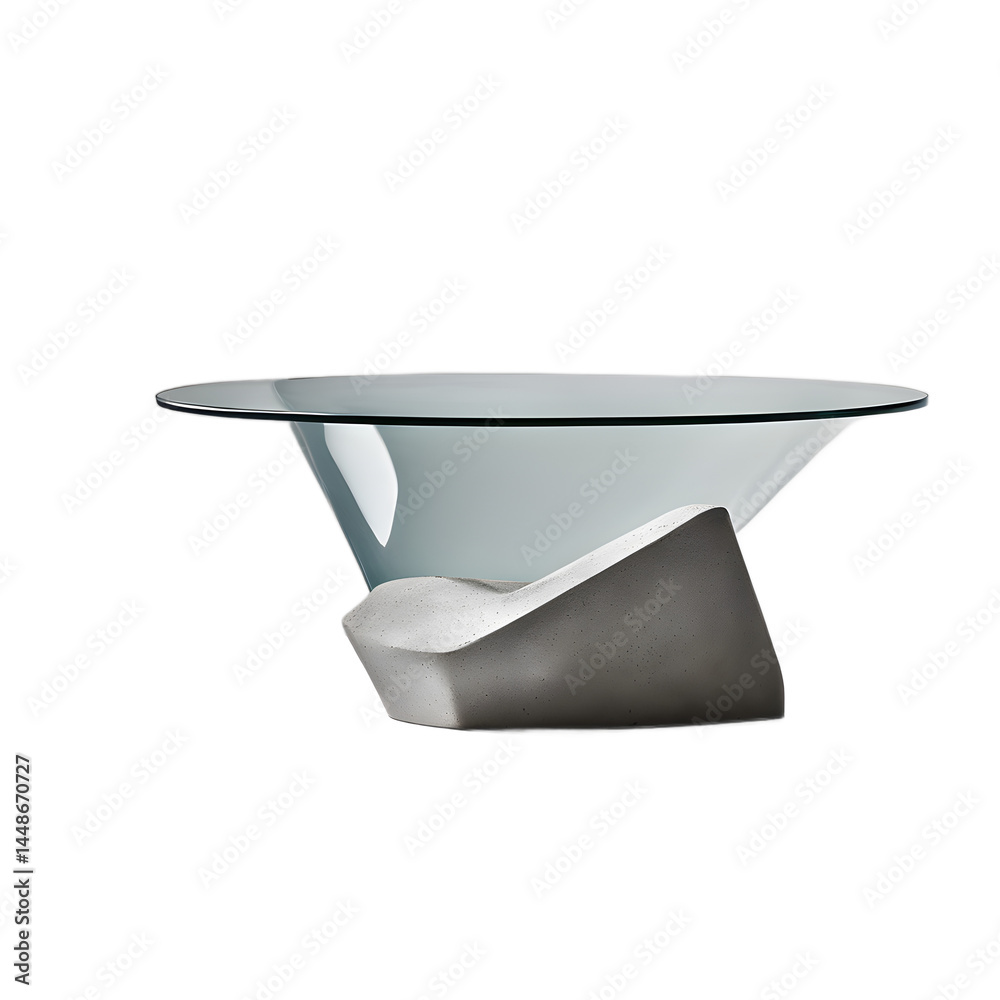 Aufkleber modern glass tabletop with sculptural concrete base, isolated on a empty plain background