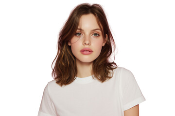 Fototapeta premium Junge Frau mit natürlichem Ausdruck in weißem T-Shirt PNG mit transparentem Hintergrund