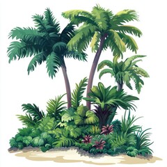 Fototapeta premium Lush Tropical Paradise: Vibrant Palm Trees and Exotic Flora in a Sunny Island Setting