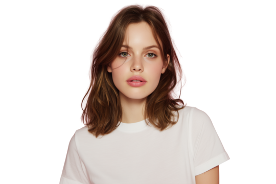 Junge Frau mit natürlichem Ausdruck in weißem T-Shirt PNG mit transparentem Hintergrund

